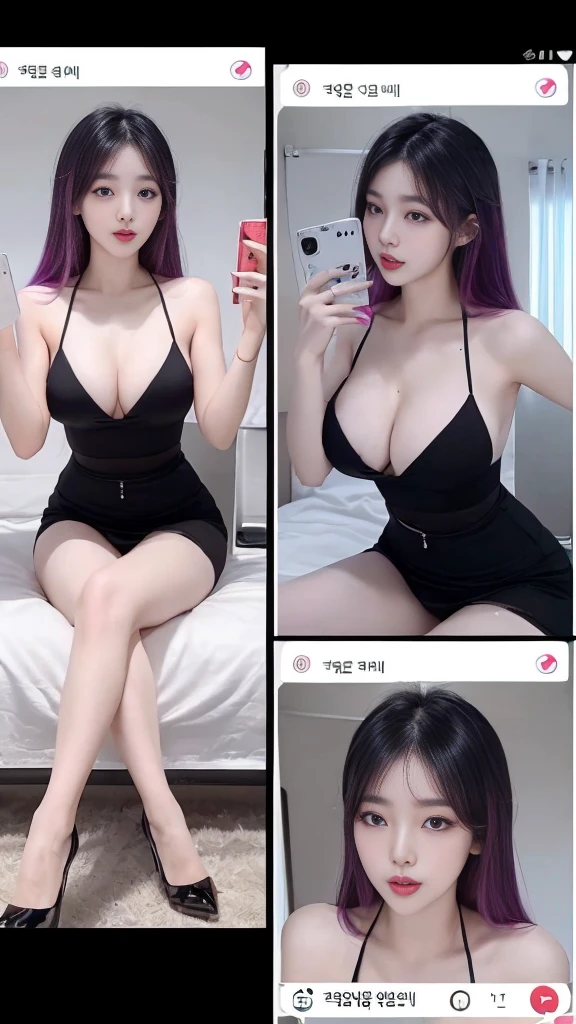 (high quality), (SFW), (vertical split screen:1.6), (Various scans:1.5), (A mature prostitute who enjoys a smartphone chat app with numerous Korean adult men.... : 1.6), (20-year-old Korean girl : 1.5), (The girl has dyed hair and pretty face makeup... : 1.4), (She is wearing a feminine dress and stockings..., Sitting on bed wearing strappy high heels and chatting online with several men.....), Her smartphone display shows numerous Korean adult men chatting with her....., Chat language is English., (The man is waiting for her answer.,:1.4), A pop-up window will appear on both her and his smartphones......, Each other'chat history, Online Profiles and Photos, And the man looks at her smartphone screen and waits for her answer......, He and she take turns messaging on a chat app..., her time is night,