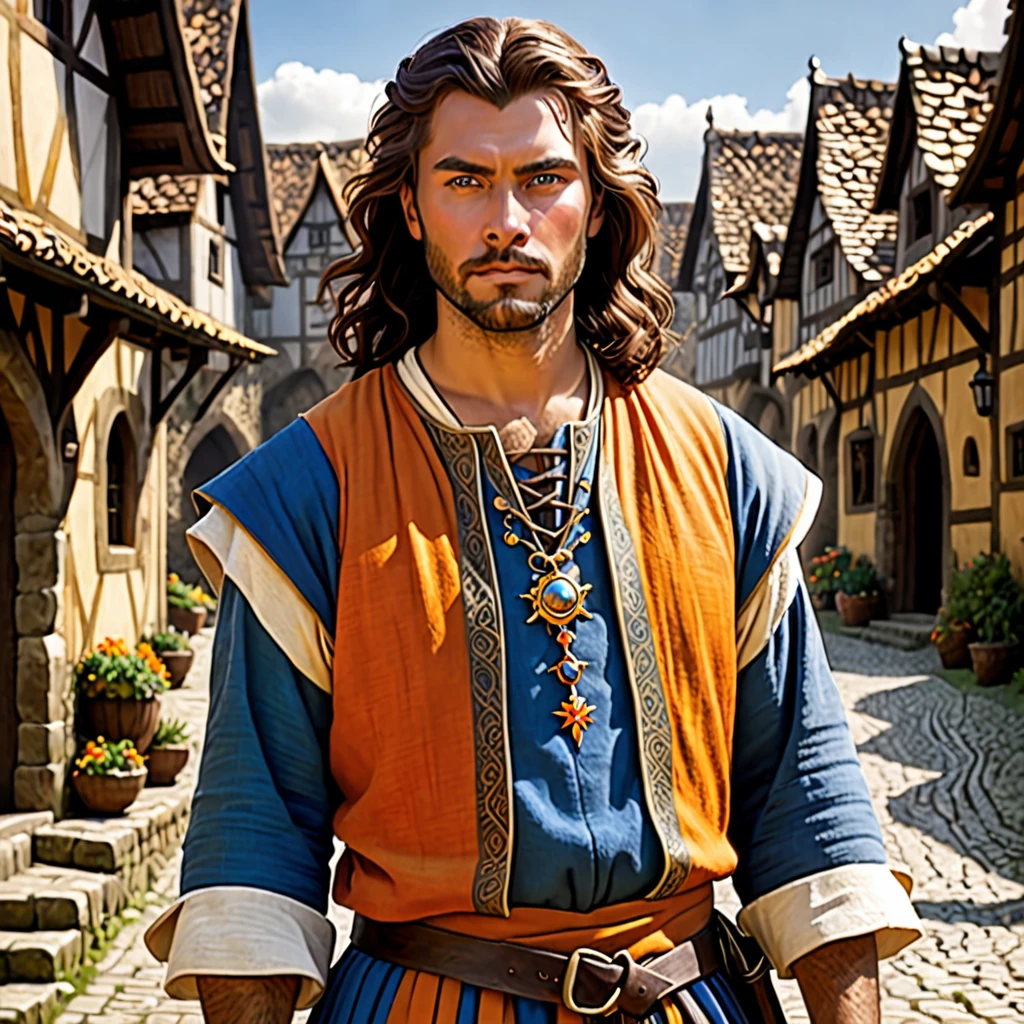 For the setting it would be a medieval village for the style it would be fantasy the main elements are people in the background a bright sun and the main character in the center, o personagem tem pele branca um cabelo marrom uma altura de 1,80 with a solid body, he is wearing middle class clothes from medieval times he has a worried face running his predominant colors are orange and blue , tenha cores vivas e fortes
