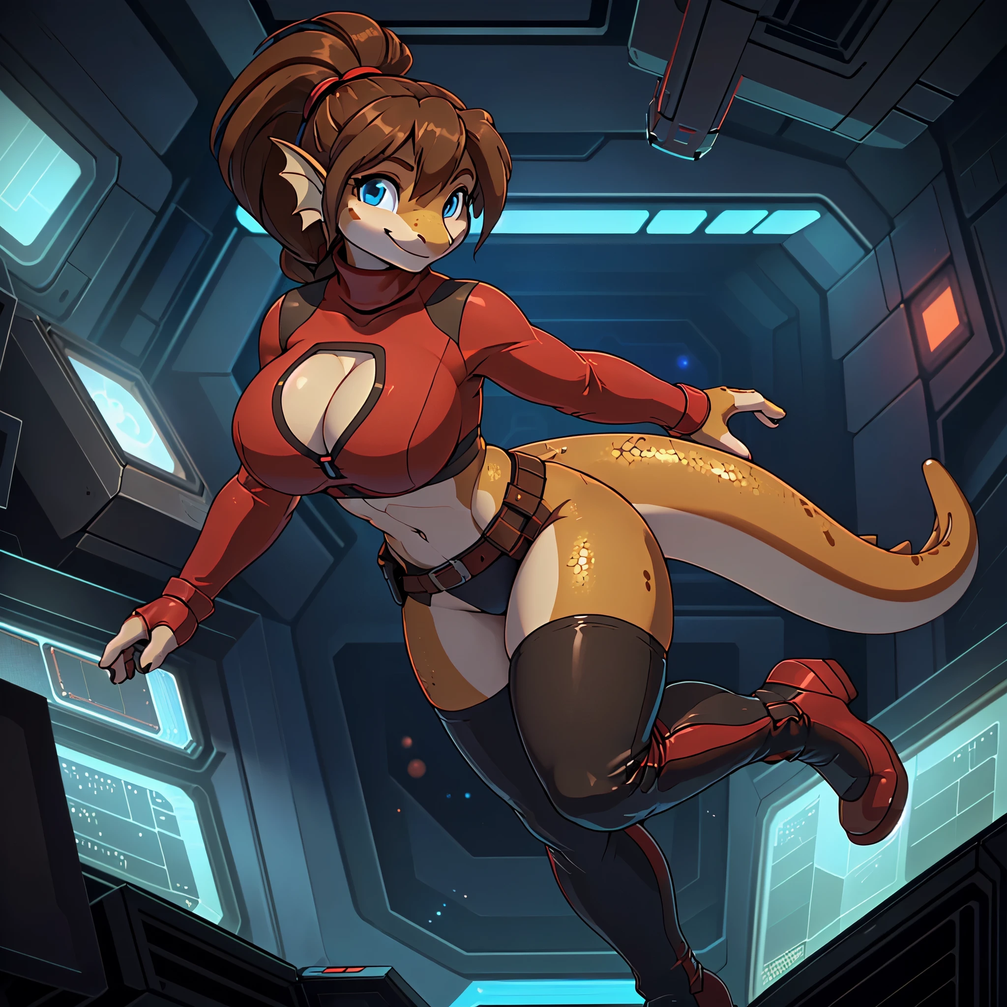 (((sfw))), masterpiece, top quality, best quality, highly detailed, 8k, super high resolution, absurdres, perfect anatomy, ((solo focus, dynamic angle)) ((cheerful, smiling, floating, swimming, posing, looking at viewer)), ((anthro female brown gecko, all brown body, lizard tail, fin ears)), (adult), (blue eyes), ((brown hair, ponytail hairstyle)), (muscular, hourglass figure, thick thighs, large breasts, bare midriff), ((red turtleneck shirt, utility belt, cleavage cutout, red gloves, thigh high boots, spandex red panties)), ((space station interior, zero gravity, sci-fi machinery, computer terminal))