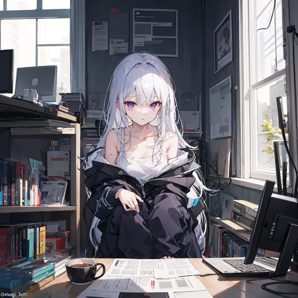 ((Best quality)), ((masterpiece)), (detailed), attractive girl, monitor in place of the head, cursor on screen, long off-shoulder sweater, slender legs, Violet eyes, albino, night time of day Night. computer. internet. 
Three hours and still no sleep. 
Knocking and typing. 
Passage from window to window. 
word. A phrase. And advice. 
There was a question - and there is an answer. 
ICQ, e-mail, website, 
Memory of hundreds of gigabytes. 
dialogue. letter. Newsletter. 
Forum. chat. Query. And link. 
word. search. Save. 
Type. delete. 
Input. Query. System response. 
Box. Sleepсок. File &quot;No Theme&quot; . 
It&#39;s four o&#39;clock? tano? ! 
В Аське новенький оtano. 
&quot;-Good night! Why are not you sleeping? 
-Good...night you say? 
- It’s already four o’clock... - Stayed too long in this world... - How is she? 
- Sorry buddy: I want to sleep... I owe you a favor... - Tomorrow I’ll find you here? 
-I don&#39;t know. I won&#39;t lie... -Okay. Sleep. good night! 
-You write, if you want... -That means, meet me online? 
-Exactly. It&#39;s time to go... -Goodbye!&quot; - emoticon - &quot;Everything&quot;. 
Offline. The signal is coming. 
Disconnect? - Yes, Now. 
It&#39;s five o&#39;clock on the panel. 
Start. Work completed. 
To finish work? - Yes. 
Please wait. Disconnection. 
And the wires go silent. 
thought. fatigue. darkness. 
Dream in the morning. emptiness. 
silence. All thoughts away. 
The night passes outside the window. 
A few hours later. 
The bolt will be removed from the windows. 
download. open. Collapse. 
Connect and deploy. 
Windows, Asya, internet. 
It&#39;s night again, and there is no sleep again ...