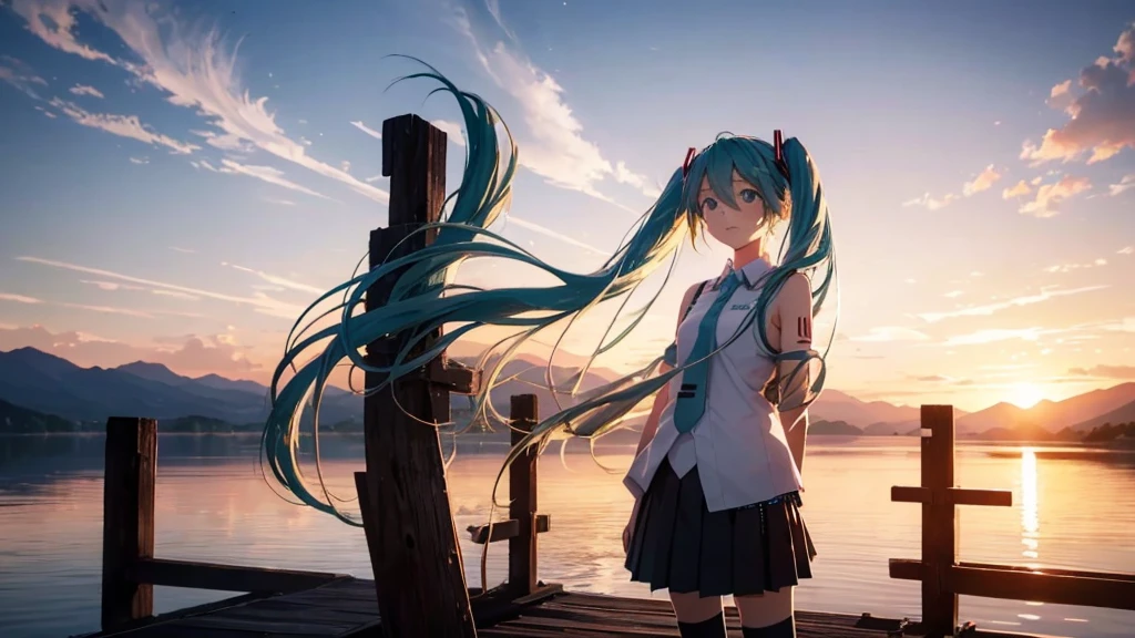 Hatsune Miku in the sunset、Standing on a wooden bridge beside a quiet lake。She is close to the camera、Gazing into the distance with a calm expression。Her hair flutters in the wind、In the background is a calm lake and a sunset sky.。This scene、It expresses a calm and emotional atmosphere that connects the past and the present.。