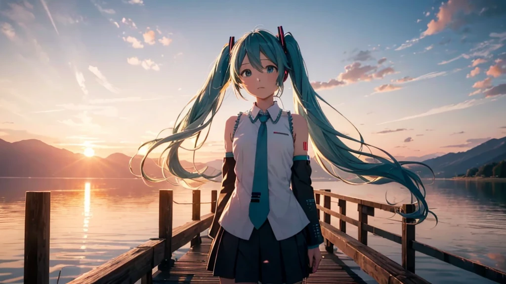 Hatsune Miku in the sunset、Standing on a wooden bridge beside a quiet lake。She is close to the camera、Gazing into the distance with a calm expression。Her hair flutters in the wind、In the background is a calm lake and a sunset sky.。This scene、It expresses a calm and emotional atmosphere that connects the past and the present.。
