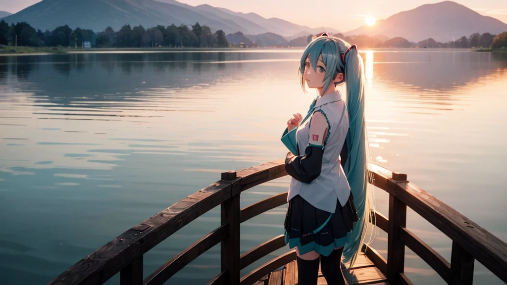 Hatsune Miku in the sunset、Standing on a wooden bridge beside a quiet lake。She is close to the camera、Gazing into the distance with a calm expression。Her hair flutters in the wind、In the background is a calm lake and a sunset sky.。This scene、It expresses a calm and emotional atmosphere that connects the past and the present.。