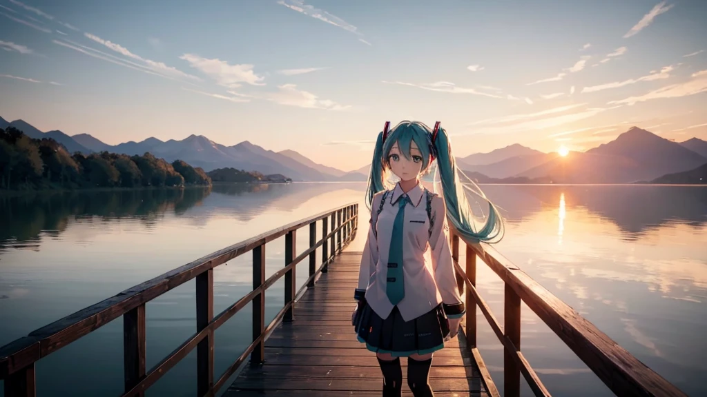 Hatsune Miku in the sunset、Standing on a wooden bridge beside a quiet lake。She is close to the camera、Gazing into the distance with a calm expression。Her hair flutters in the wind、In the background is a calm lake and a sunset sky.。This scene、It expresses a calm and emotional atmosphere that connects the past and the present.。