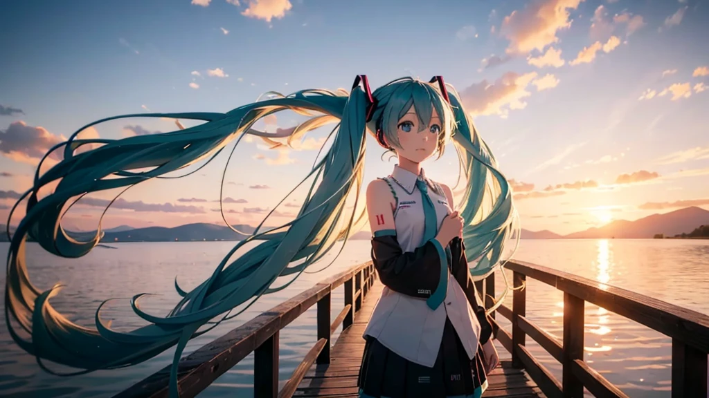Hatsune Miku in the sunset、Standing on a wooden bridge beside a quiet lake。She is close to the camera、Gazing into the distance with a calm expression。Her hair flutters in the wind、In the background is a calm lake and a sunset sky.。This scene、It expresses a calm and emotional atmosphere that connects the past and the present.。