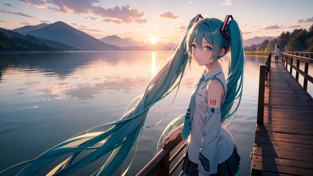 Hatsune Miku in the sunset、Standing on a wooden bridge beside a quiet lake。She is close to the camera、Gazing into the distance with a calm expression。Her hair flutters in the wind、In the background is a calm lake and a sunset sky.。This scene、It expresses a calm and emotional atmosphere that connects the past and the present.。