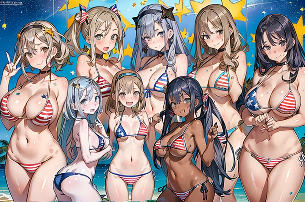 (masterpiece), Highest quality, (colorful:1.1), (Five Girls, Group shot:1.4), (the body is slim:1.1), (Huge boobs:1.5), (Dark Skin:1.1), (logic:1.1), blonde, Silver Hair, Twin tails, (Leaning forward:1.4), (Open your mouth, smile:1.1), (Wink:1.4),peace sign, (Stars and Stripes Bikini, Micro Bikini:1.5), Cowboy Shot, (classroom:1.1), blackboard