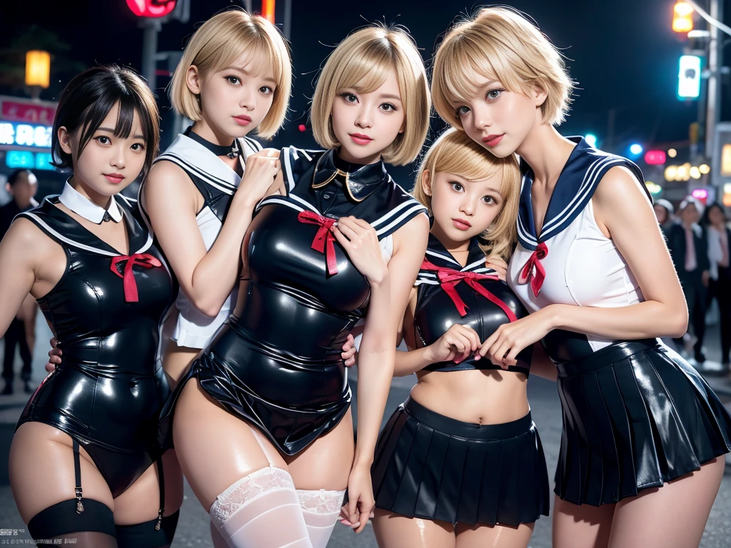 8K resolution, surreal, Super detailed, high quality, perfect anatomy, jammed, 5 women, group shot, smiling, cute face, Phenomenally cute, perfect proportion, full body, (Japanese high school girl uniform, satin and latex uniform, sleeveless, summer, sailor collar, shiny leotard, short pleated skirt)+++, navel, sheer stocking, night neon street background, (bleached short gold hair)+++, large breasts, invite you inside, eyes of temptation, looking at viewer, inviting eyes, idol