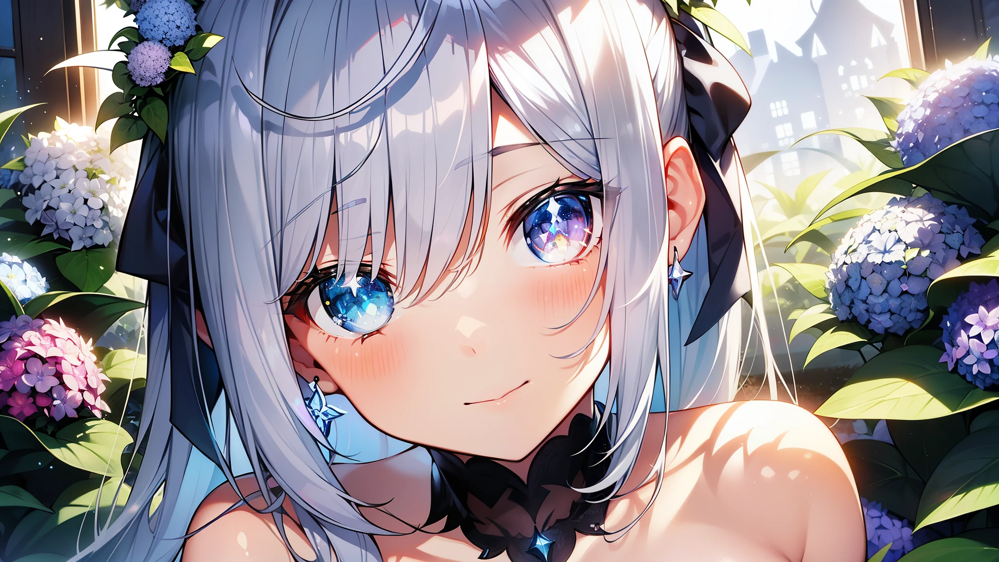 Ultra HD,Look at the viewers, Put your hands behind your back, With a girl, 20-year-old, 非常にShort Hair, Long bangs between the eyes, Pale blue eyes, Very detailed,(masterpiece、Highest quality),Gray Hair、Laughter、Fantastic, Silver Hair, Iris, Short hair、 Fluttering Hair、Small Face、明るいsmile、(Detailed face) ,Professional Lighting,Wonderful landscape,blue sky, sunlight,Looking down from above,Portraiture、Open your mouth、Flower Field、Her eyes were shining、Mysterious and enchanting atmosphere。With AI Painting、とてもShort Hair, Long bangs between the eyes, Very detailed,(masterpiece、Highest quality)、alone、Gray Hair、Fantasy, Silver Hair, Fantasyな風景、White shirt、smile、Open your mouth、short hair、Short Hair、hairpin、black eye、Grey Eyes、Beautiful Eyes、
