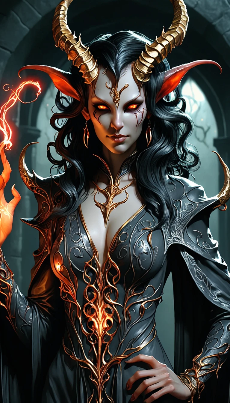 Superb masterpiece, dynamic, Great quality, Female tiefling mage, She has black devil eyes, her hair is black , Her skin is like blood, She is satisfied, Her robe is gold, Her horns are dark grey, (Detailed anatomy:1.2), Surrealistic drawing in a Neverwinter Nights setting by DonM3lv3sXL