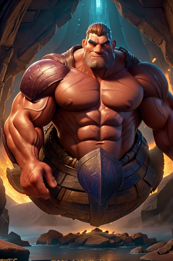 A muscular giant with rippling muscles, a fairytale fantasy creature, detailed intricate armor, glowing magical runes, dramatic lighting, epic cinematic composition, rich warm color palette, highly detailed, 8k, photorealistic, masterpiece