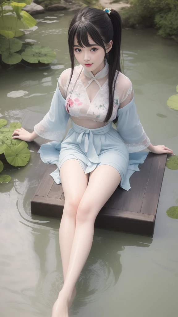 ((4k,masterpiece,best quality)), Bisim, Traditional Chinese ink painting, lotus, hanfu, maxiskit, Dress conservatively 1girl, Solitary, Blue long hair, Smile, permanent, Feet in water, barefoot,