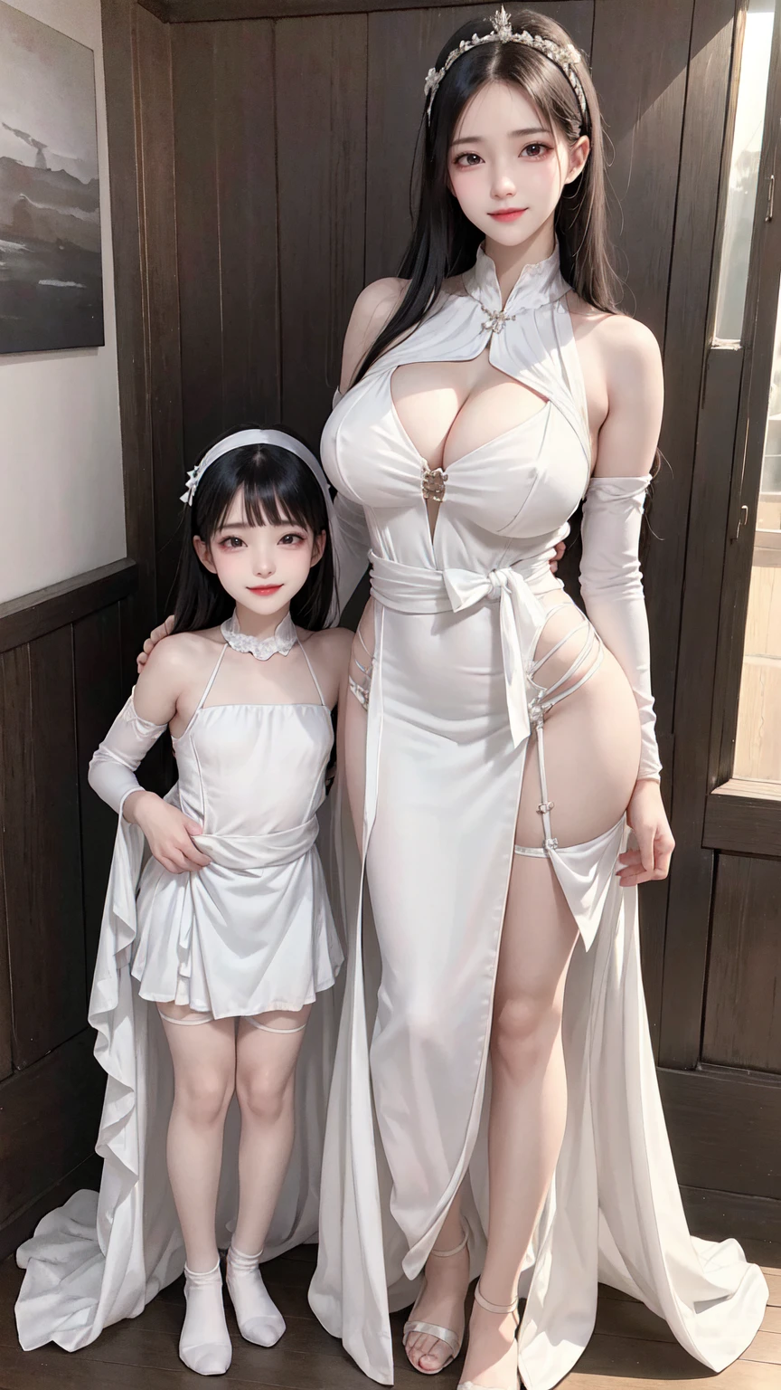 see through clothes(Full body female love:1.3)，best quality, masterpiece, ultra high resolution, (lifelike:1.4), original photo, 1 female,30 years old， black hair, big eyes, Detailed eyes and face,huge breasts，split，long legs，Belted robe open ，bare shoulder，no underwear:1.5,see through clothes，Hollow material white clothes，kitchen:1.3，Smile、sleeveless costume、((Maid clothes))、((She is carrying her 10 years old daughter))、Extremely revealing clothing