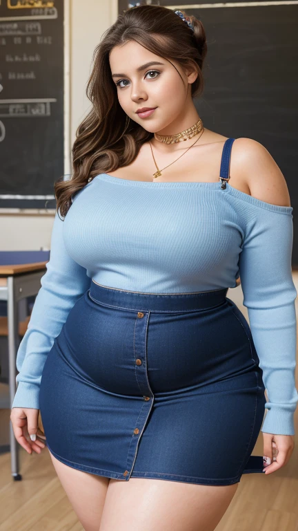 20yo  in school school photo in school masterpiece, (photorealistic:1.4), best quality, beautiful lighting,Eleanor Ukraine Woman 20yo Old small Breasts tiny  big hips fat obese wide hips thunder thighs thick thighs bottom-heavy pear-shaped bbw potbelly plus Size Model lipstick Hair Bun Hair skirt, wearing Slant Shoulder Chain Strap Dress, Casual Long Sleeve Bodycon Dress. 