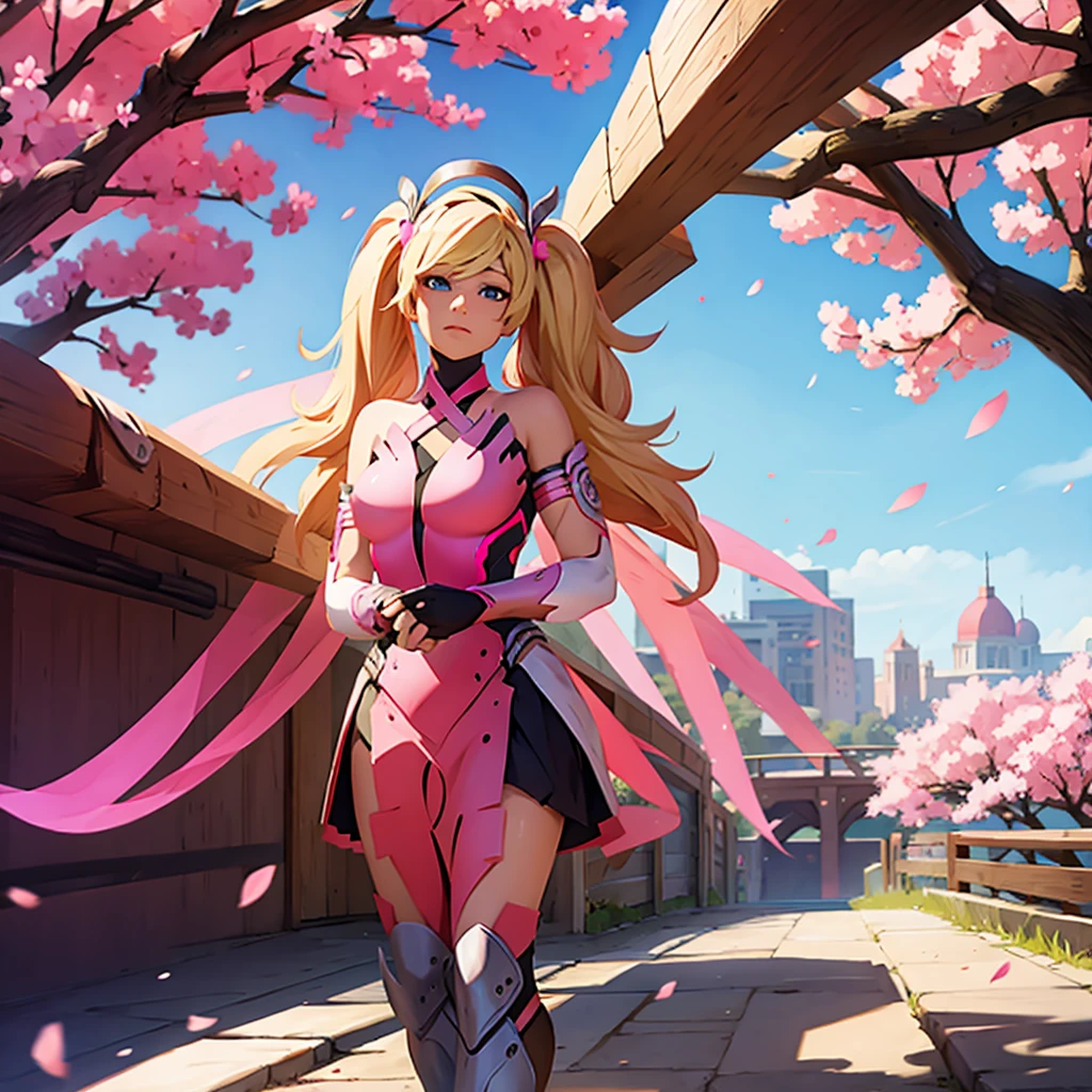 Pink mercy from overwatch, surrounded by pink cherry blossoms and swirling cherry blossom petals