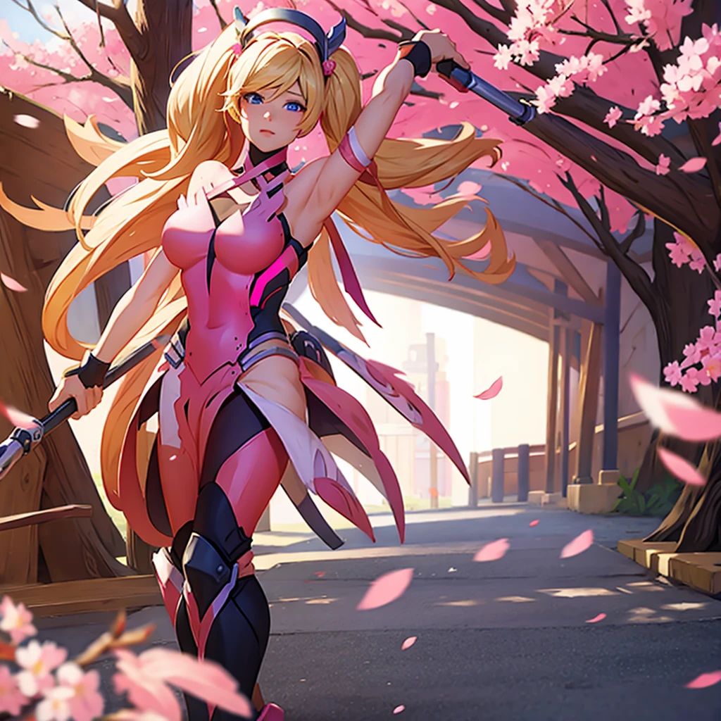 Pink mercy from overwatch, surrounded by pink cherry blossoms and swirling cherry blossom petals