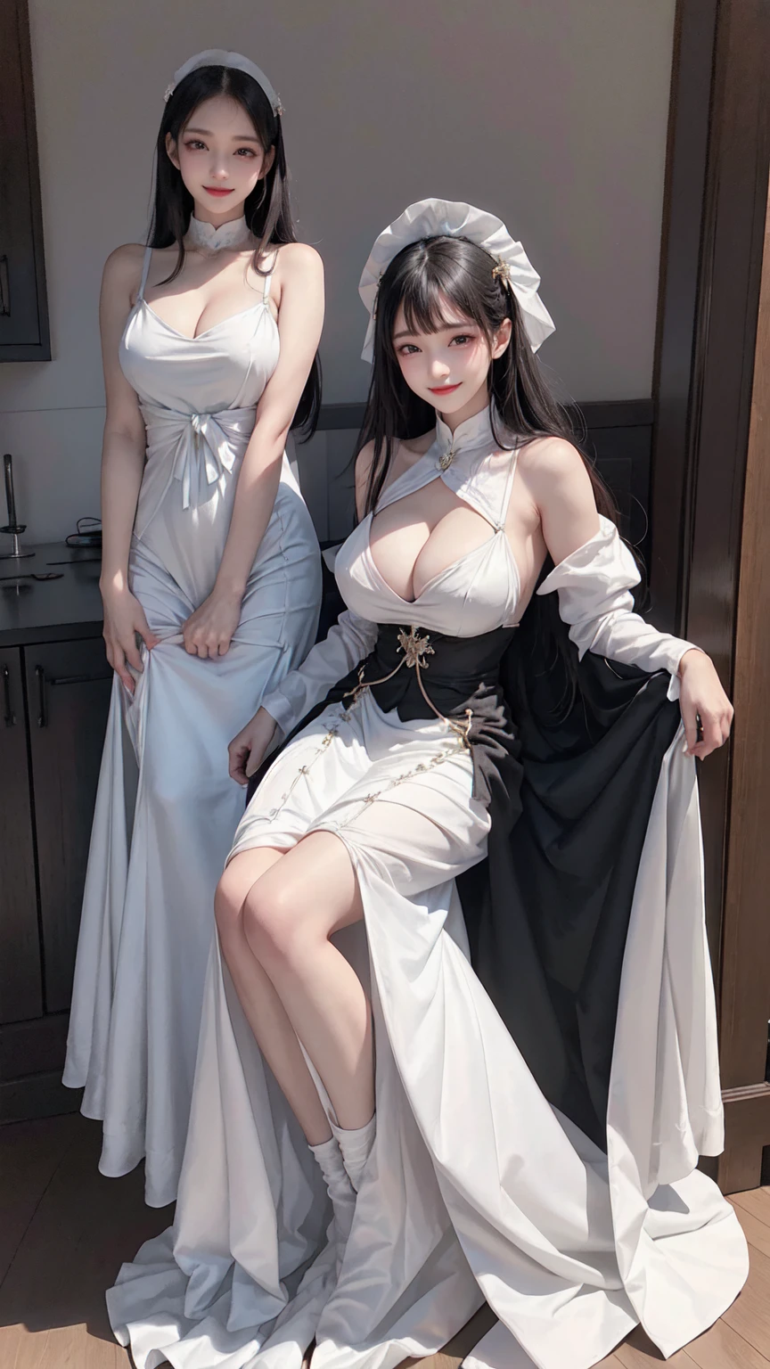 see through clothes(Full body female love:1.3),best quality, masterpiece, ultra high resolution, (lifelike:1.4), original photo, 1 female,30 years old, black hair, big eyes, Detailed eyes and face,huge breasts,split,long legs,Belted robe open ,bare shoulder,no underwear:1.5,see through clothes,Hollow material white clothes,kitchen:1.3,Smile、sleeveless costume、((Maid clothes))、((She is carrying her daughter))、Extremely revealing clothing