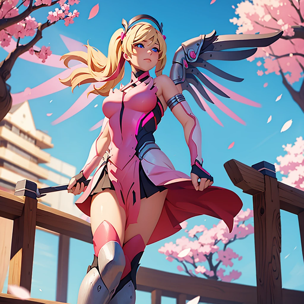 Pink mercy from overwatch, surrounded by pink cherry blossoms and swirling cherry blossom petals