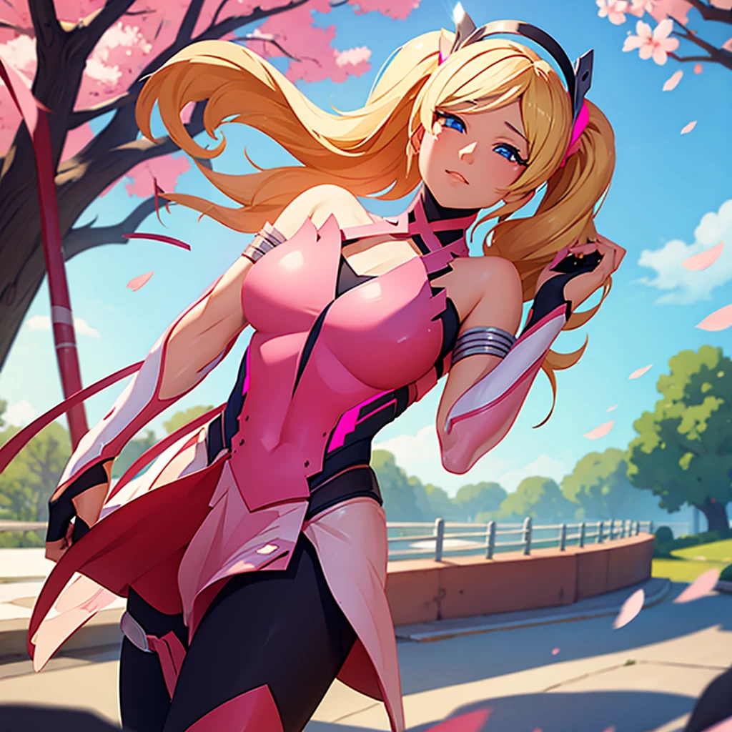 Pink mercy from overwatch, surrounded by pink cherry blossoms and swirling cherry blossom petals