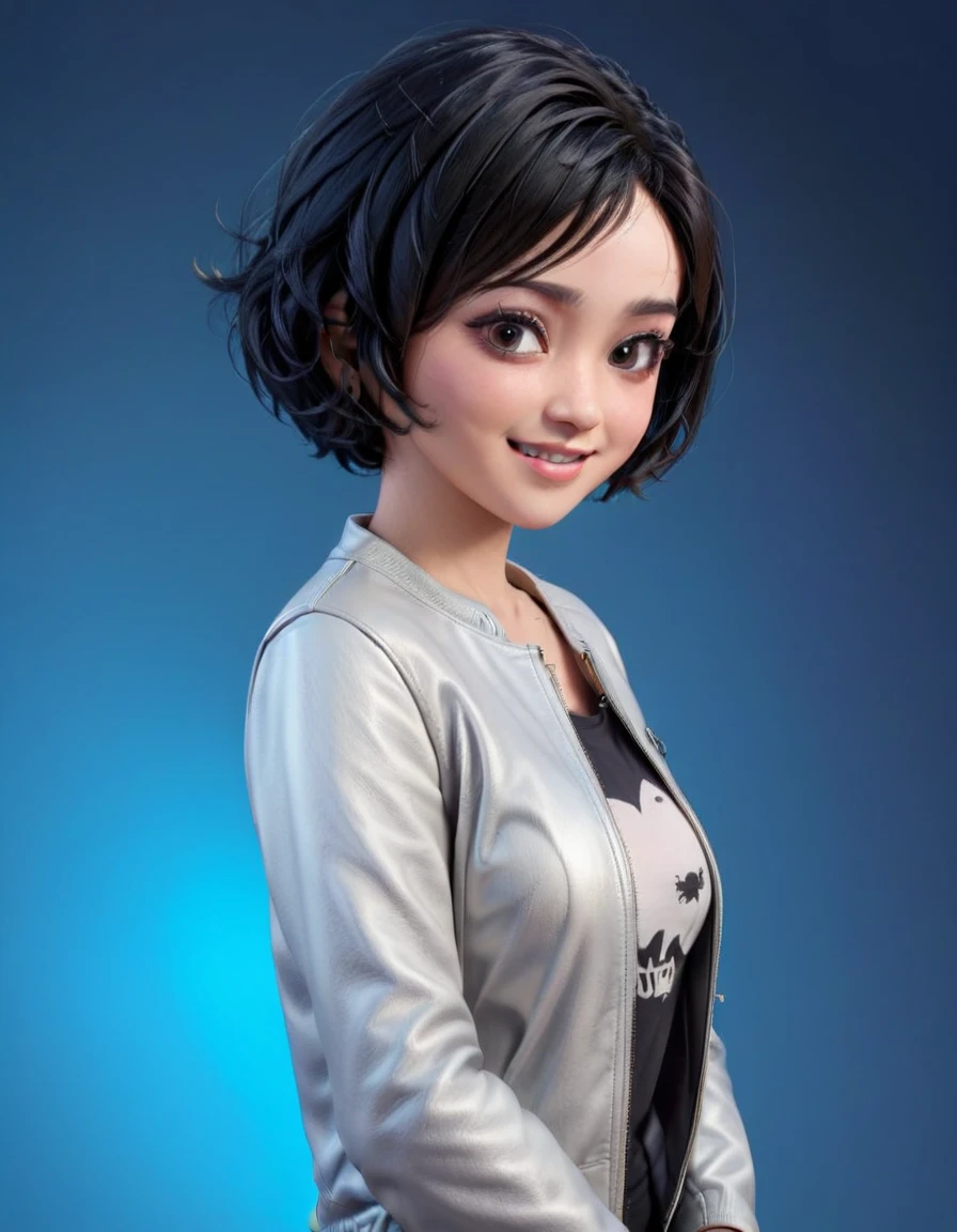 Create cartoonish caricature 3D animation with a big head. a 19 years old Indonesian woman. She has short, black pixie-cut hair. Her face is oval-shaped with smooth lines, thick and neat black eyebrows, normal eyes, a small pointed nose, and thin lips with a wide, friendly smile. She is wearing a light grey leather jacket over a white t-shirt. Gradient blue background with professional lighting. masterpiece, top quality, skin and face very detailed, ultra-realistic, high definition, studio lighting, sharp focus, body angle 2/3, Concept Art, 3D render.