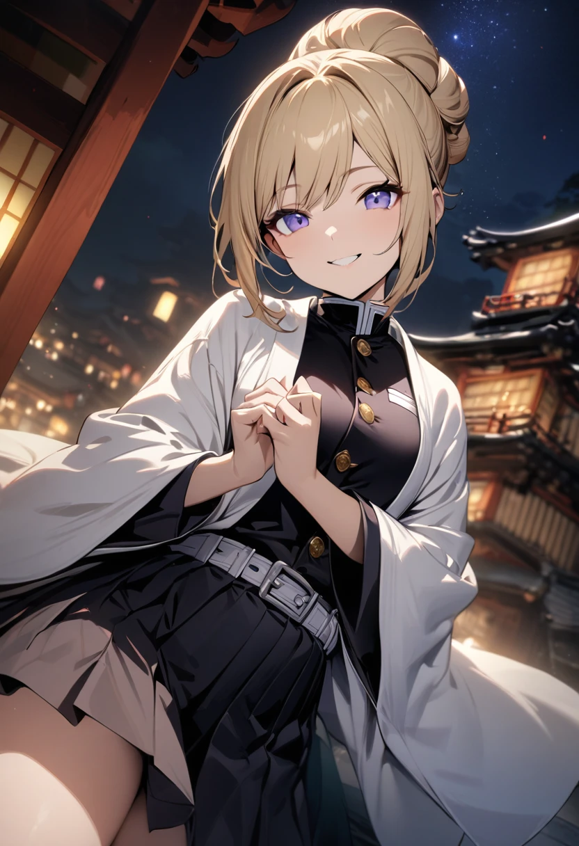 One girl, fair skin, smiling, blonde hair, chignon, tanzanite eyes, Demon Slayer uniform, long sleeves, skirt, white haori, night sky, masterpiece, best quality