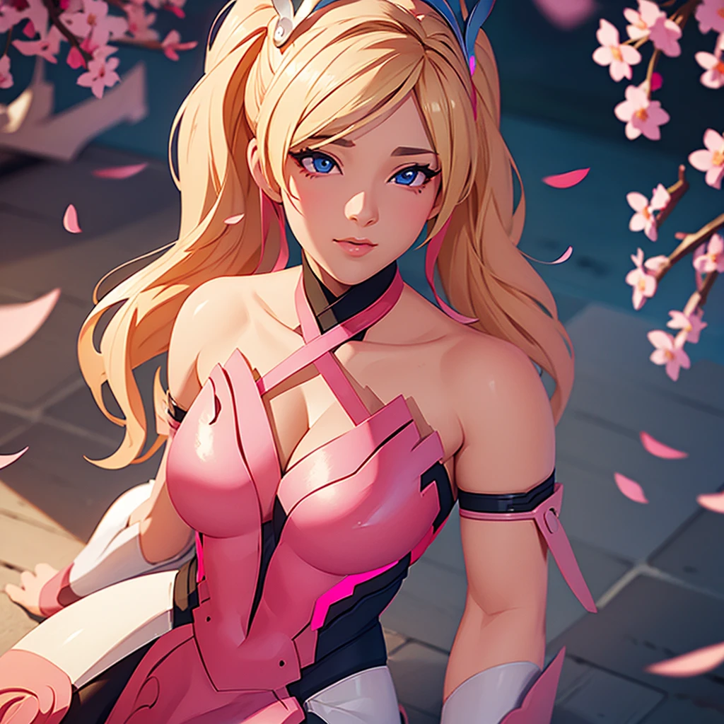 a cute pink mercy character from overwatch, surrounded by pink cherry blossoms, swirling cherry blossom petals, intricate details, beautiful detailed eyes, beautiful detailed lips, extremely detailed face and portrait, delicate porcelain skin, soft lighting, cinematic lighting, dramatic lighting, high quality render, photorealistic, 8k, hyper detailed, vibrant colors, pastel colors, fantasy art, digital painting, masterpiece