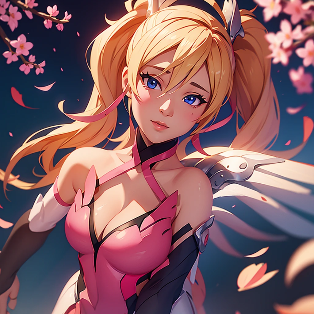 a cute pink mercy character from overwatch, surrounded by pink cherry blossoms, swirling cherry blossom petals, intricate details, beautiful detailed eyes, beautiful detailed lips, extremely detailed face and portrait, delicate porcelain skin, soft lighting, cinematic lighting, dramatic lighting, high quality render, photorealistic, 8k, hyper detailed, vibrant colors, pastel colors, fantasy art, digital painting, masterpiece