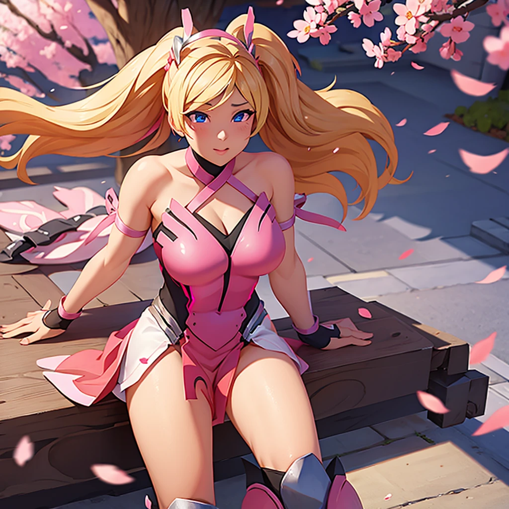 Pink mercy from overwatch, surrounded by pink cherry blossoms and swirling cherry blossom petals