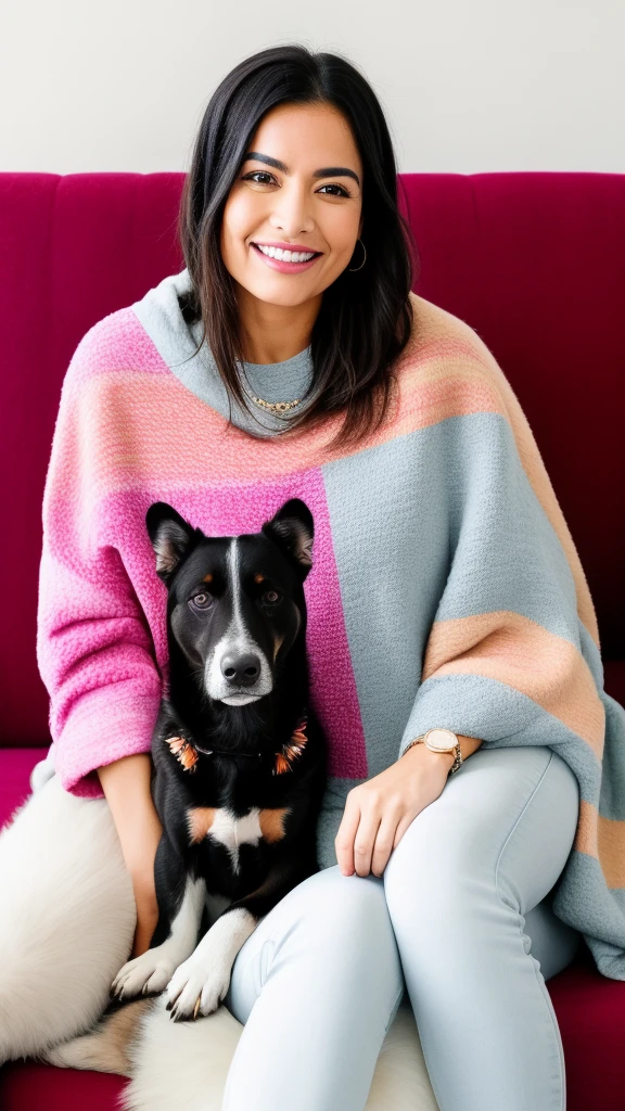 smiling woman sitting on a couch with a dog and a blanket, 🦩🪐🐞👩🏻🦳, colourful, beautiful look, with lovely look, omg, f2, f 2, ad image, official, stylish pose, [ colourful, nag, cute beautiful, very extremely beautiful, beautiful cute, candid picture, a still of a happy, actress