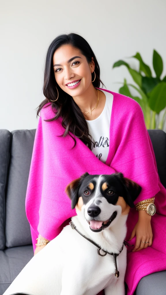 smiling woman sitting on a couch with a dog and a blanket, 🦩🪐🐞👩🏻🦳, colourful, beautiful look, with lovely look, omg, f2, f 2, ad image, official, stylish pose, [ colourful, nag, cute beautiful, very extremely beautiful, beautiful cute, candid picture, a still of a happy, actress