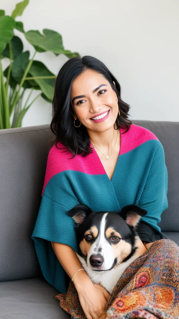 smiling woman sitting on a couch with a dog and a blanket, 🦩🪐🐞👩🏻🦳, colourful, beautiful look, with lovely look, omg, f2, f 2, ad image, official, stylish pose, [ colourful, nag, cute beautiful, very extremely beautiful, beautiful cute, candid picture, a still of a happy, actress