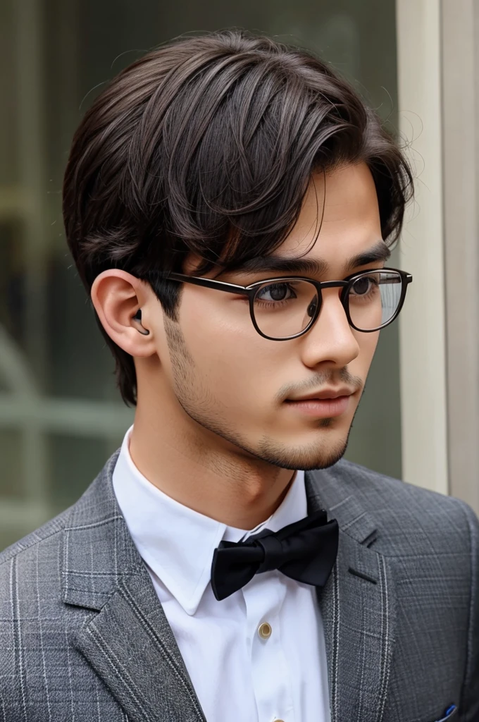 A handsome and cute boy wearing blazer and spectacles with head phone in his neck