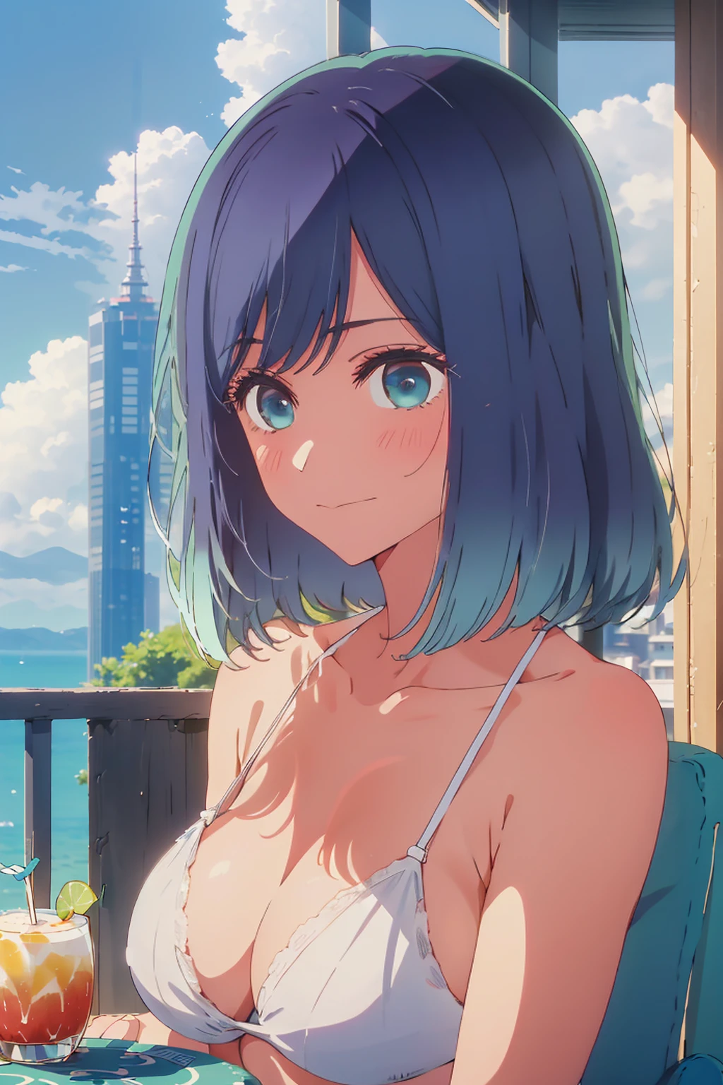 Highest quality,8k,detailed,F cup bust、Big Breasts、Very cute face、Slim and beautiful arms、Slim body、((((1 person、looking at the camera、smile、Very white beautiful skin、Thin white bikini、smile、sit、In the background are the skyscrapers of Tokyo city、Outdoor café terrace、Drink juice、Cheek resting on hand、coastal、table、Shooting from a distance))))、I can see the deep blue sky、She tilted her head slightly、The atmosphere is bright and lively、The woman is at the center of the image。