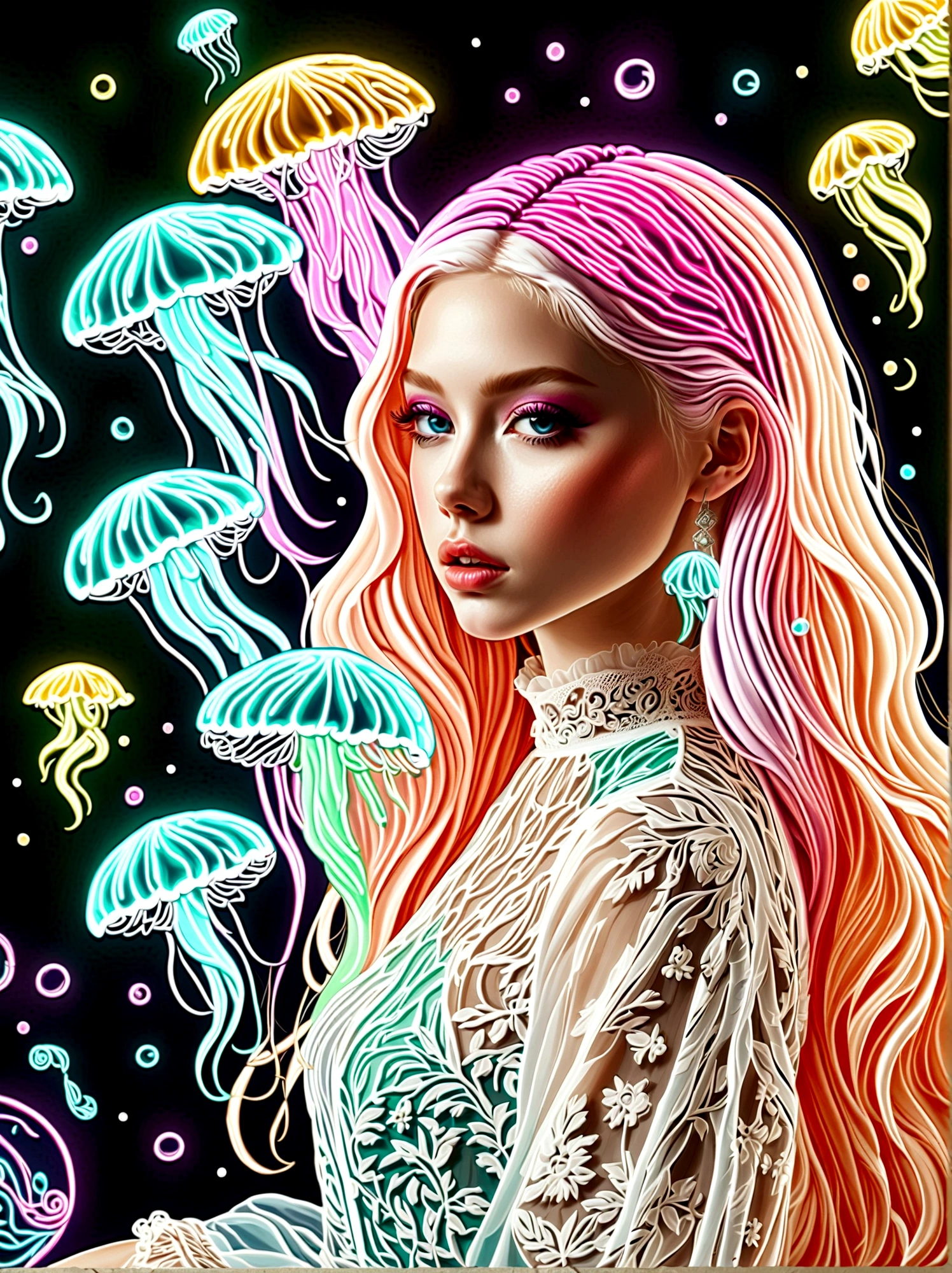 Neon, 发光的Neon玻璃制成,Transparent Materials,Gloss,Refraction Details,Albino girl,Longbearded jellyfish on the head,Long hair doll,Plastic lace long skirt,Renaissance,Baroque,Psychedelic,romantic,neon palette, pale color, 1nhdg1