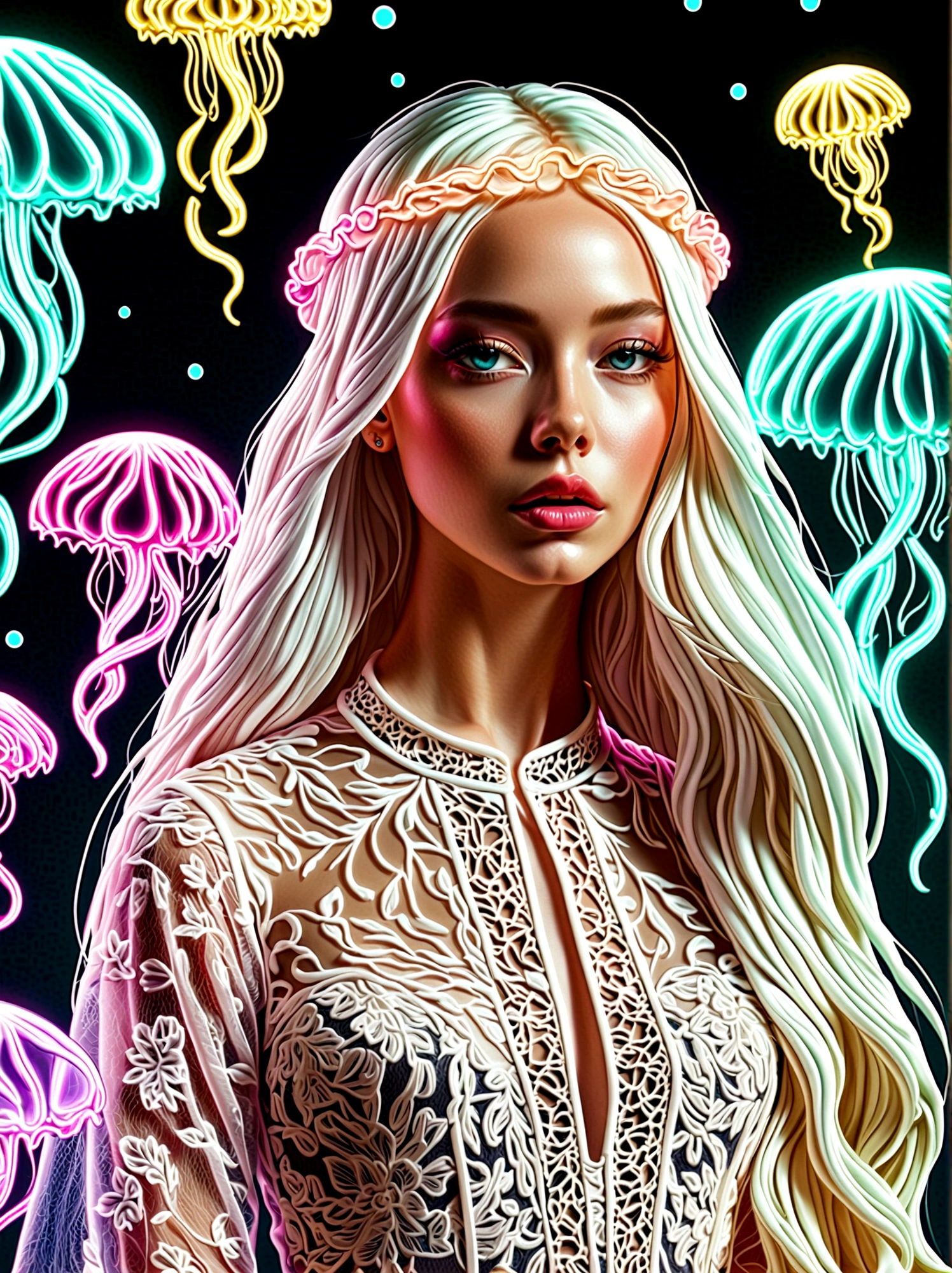 Neon, 发光的Neon玻璃制成,Transparent Materials,Gloss,Refraction Details,Albino girl,Longbearded jellyfish on the head,Long hair doll,Plastic lace long skirt,Renaissance,Baroque,Psychedelic,romantic,neon palette, pale color, 1nhdg1