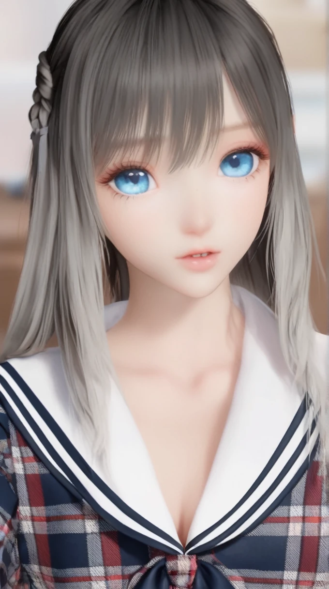 (8k, mejor calidad, Obra maestra), (ultra detallado:1.1), (piel muy detallada),1 chica, golpes, negro_Cabello, blue_eyes, gradient, gradient_fondo, gris_fondo, largo_Cabello, mirando_en_espectador, propio_manos_juntos, separado_Labios, tartan, marinero_cuello, escuela_uniform, Seraph, camisa, corto_mangas, solo, superior_cuerpo,