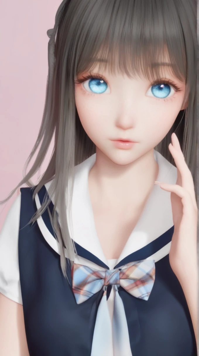 (8k, mejor calidad, Obra maestra), (ultra detallado:1.1), (piel muy detallada),1 chica, golpes, negro_Cabello, blue_eyes, gradient, gradient_fondo, gris_fondo, largo_Cabello, mirando_en_espectador, propio_manos_juntos, separado_Labios, tartan, marinero_cuello, escuela_uniform, Seraph, camisa, corto_mangas, solo, superior_cuerpo,