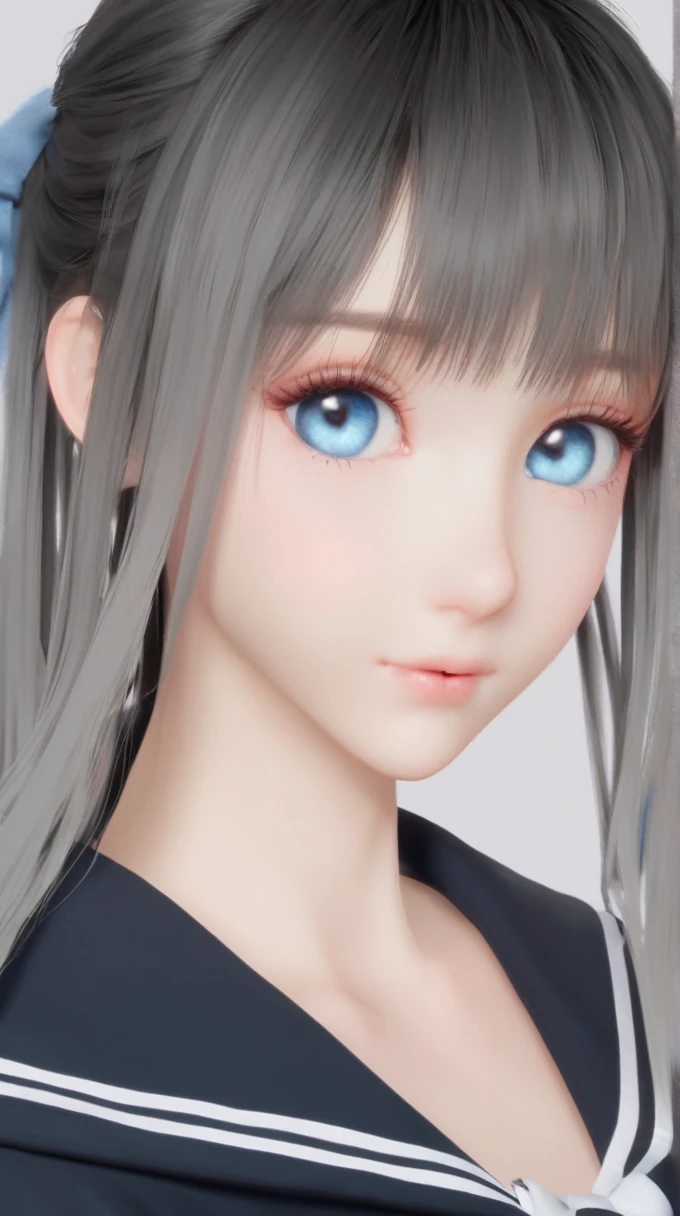 (8k, mejor calidad, Obra maestra), (ultra detallado:1.1), (piel muy detallada),1 chica, golpes, negro_Cabello, blue_eyes, gradient, gradient_fondo, gris_fondo, largo_Cabello, mirando_en_espectador, propio_manos_juntos, separado_Labios, tartan, marinero_cuello, escuela_uniform, Seraph, camisa, corto_mangas, solo, superior_cuerpo, 