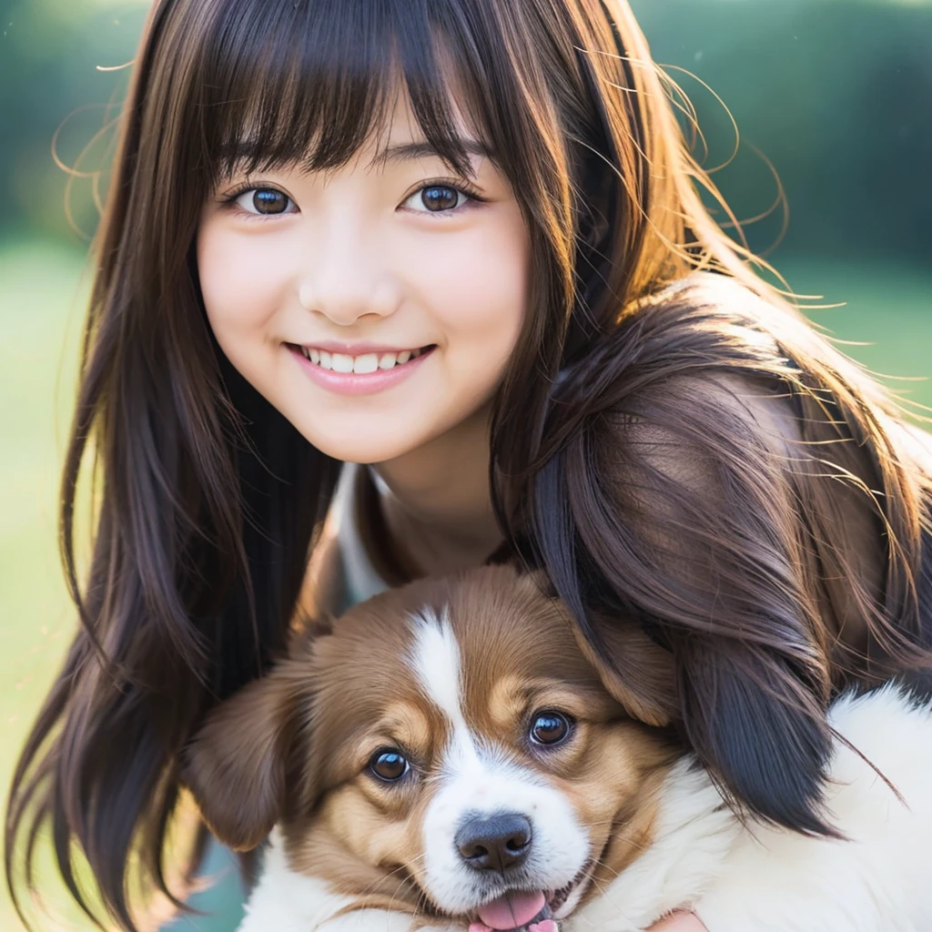 Create an anime-style portrait of a Japanese girl。Her hair is short and dark brown。The girl has a gentle smile。She looks loving、Holding a cute dog、It's a scene that evokes warmth and camaraderie.。Background、It should be a blend of warm and cool colors that complement the overall composition.。She is wearing a light blue dress with intricate details.、Gives an elegant impression。The overall atmosphere of the piece is bright and attractive.、Capture the girl's kind and friendly personality。