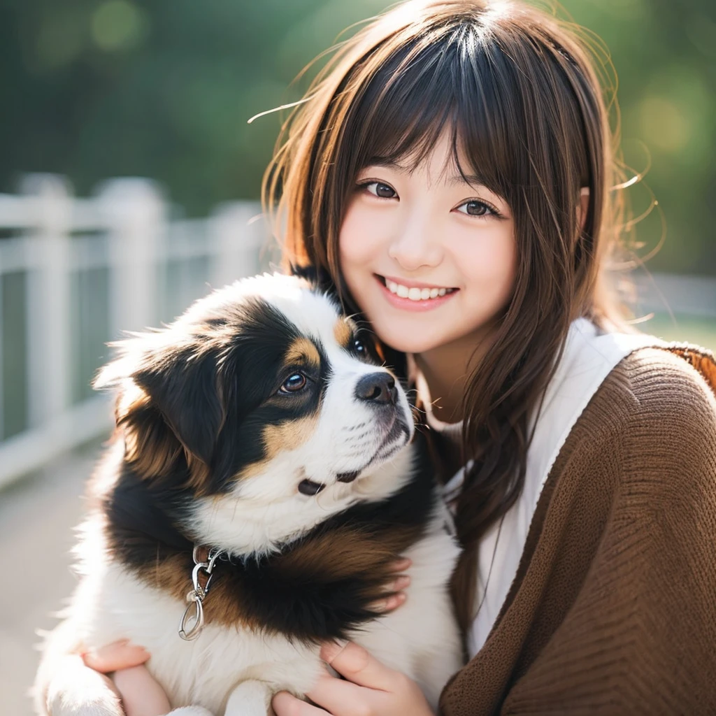 Create an anime-style portrait of a Japanese girl。Her hair is short and dark brown。The girl has a gentle smile。She looks loving、Holding a cute dog、It&#39;s a scene that evokes warmth and camaraderie.。Background、It should be a blend of warm and cool colors that complement the overall composition.。She is wearing a light blue dress with intricate details.、Gives an elegant impression。The overall atmosphere of the piece is bright and attractive.、Capture the girl&#39;s kind and friendly personality。