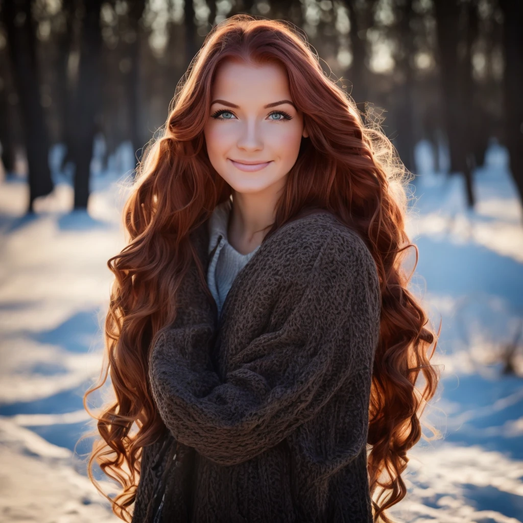 Hyperrealistic and detailed full body photo of a young woman, smiling red haired beautiful woman. Winter. Die Sonne scheint. Perfekte Augen, (Augen-Make-up:1.1), (Hochdetaillierter Skin:1.1), .RAW, Analoger Stil, Scharfer Fokus, 8K UHD, DSLR, High quality, Fujifilm XT3, Korn, awards winning, Meisterwerk.