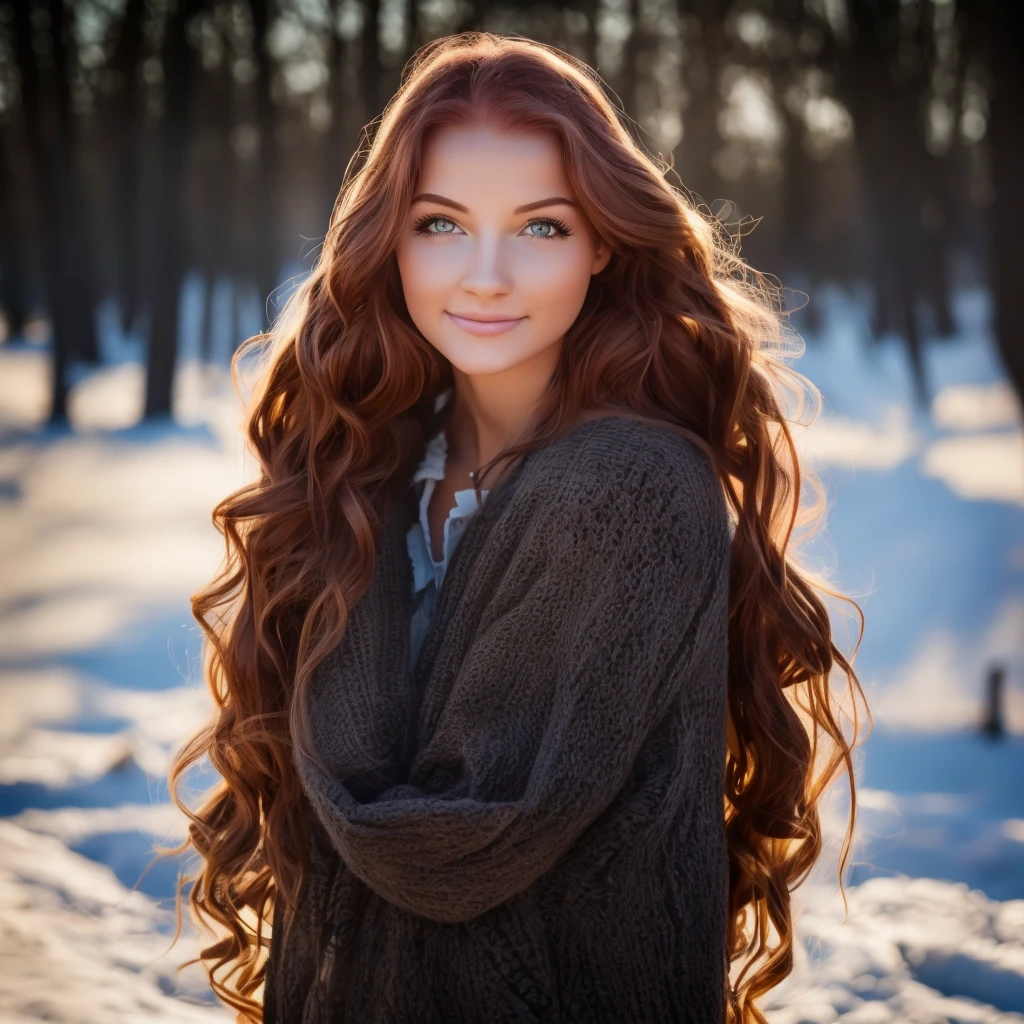 Hyperrealistic and detailed full body photo of a young woman, smiling red haired beautiful woman. Winter. Die Sonne scheint. Perfekte Augen, (Augen-Make-up:1.1), (Hochdetaillierter Skin:1.1), .RAW, Analoger Stil, Scharfer Fokus, 8K UHD, DSLR, High quality, Fujifilm XT3, Korn, awards winning, Meisterwerk.