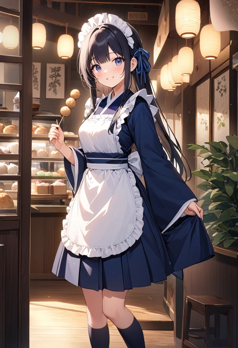 (8K, best quality, master piece: 1.2), super high resolution,1 beautiful girl,ultra-detailed face,cute eyes,(Holding a skewered rice cake ball in one hand、Each of the three mochi balls on the skewer is perfectly round.),standing,Maid outfit dress, cat ear catsuit,head dress,pink eyes, black hair, long hair,medium breasts,white apron, Navy Blue hakama skirt,wa maid,kimono,wide sleeves,frilled apron,lace trim,Navy Blue ribbon accents,Absolute area,Knee-high socks,smile ,Rim Light,indoors Japanese cafe