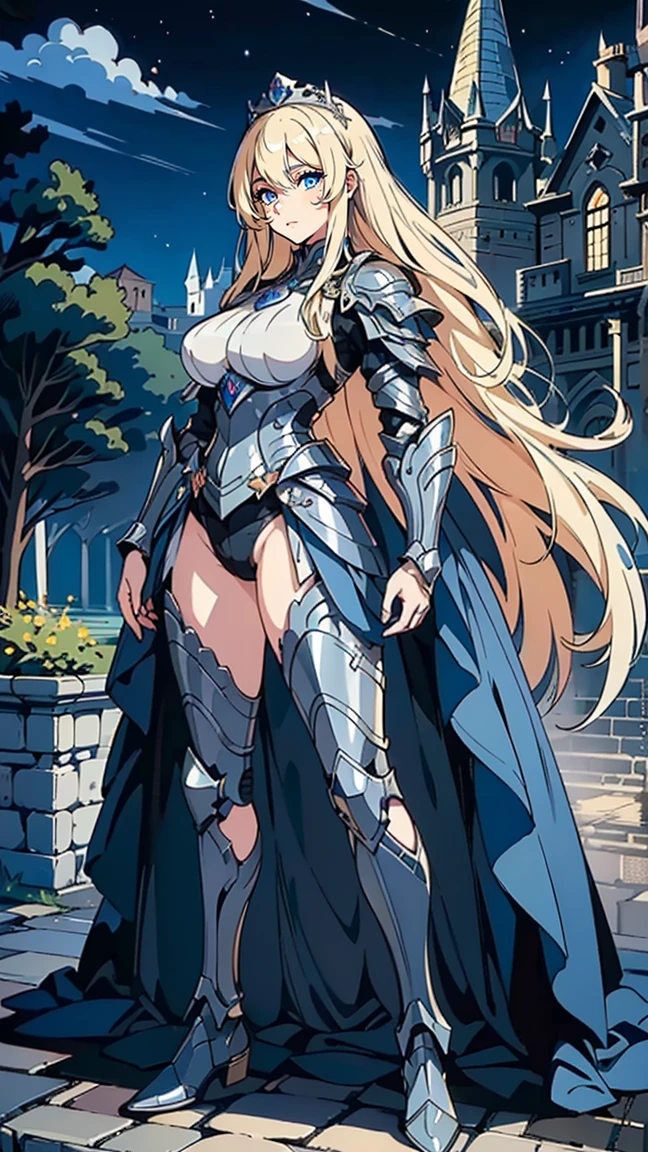 (masterpiece),((Highly detailed blonde long hair)),((expressive blue eyes)),Highly detailed armor,serious expression,mature woman,milf,beautiful castle at night,pale white skin,best quality,cel shading, best quality, fullbody view