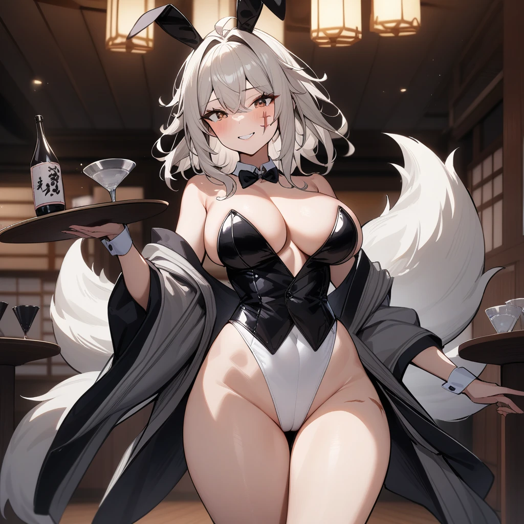 (masterpiece,best quality,very aesthetic),(disheveled hair)(ultra-detailed),1girl,solo,curvy,a platinum blonde fox tail,large breasts,(platinum blonde fox ears),short hair,platinum blonde hair,beautiful face,(messy hair),(disheveled hair),hair intakes,(fusion of gray kimono and white ultra highleg playboy bunny,bow tie,Layered clothing with white on both sides and black on the inside:1.2),loose chest,bare legs,luxurious decoration,(cameltoe:0.8),enjoyable,alluring smile,exciting,cheerful,brown foxy eyes,(scar on cheek:1.3),serving cocktail,walking,serving japanese sake bottle,japanese banquet hall,table,zabuton,cowboy shot