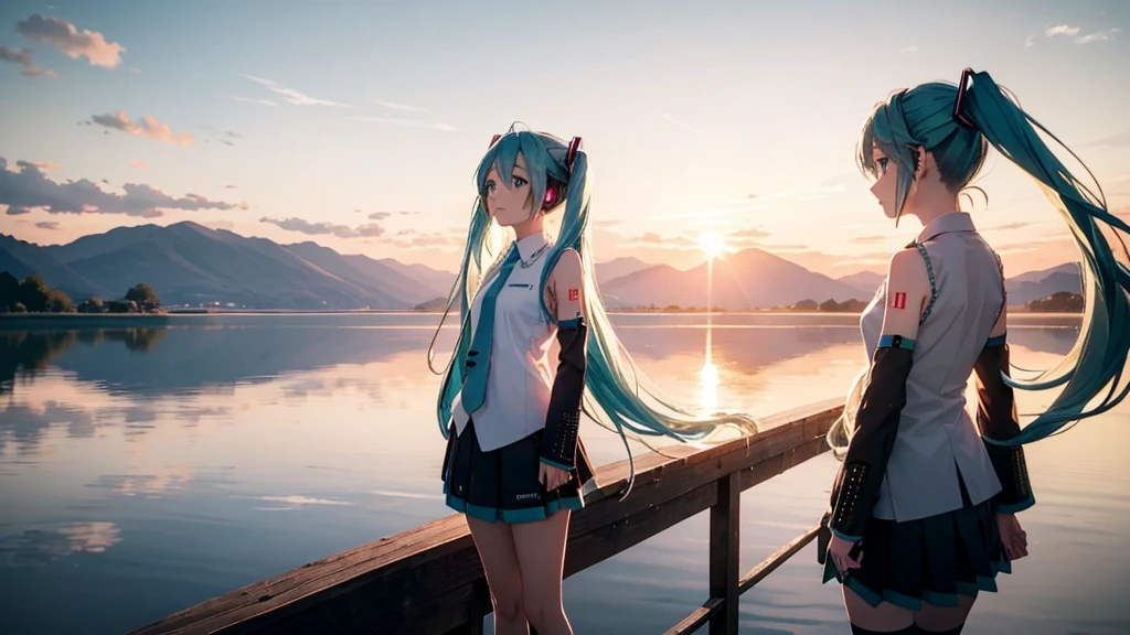 Hatsune Miku in the sunset、Standing on a wooden bridge beside a quiet lake。She is close to the camera、Gazing into the distance with a calm expression。Her hair flutters in the wind、In the background is a calm lake and a sunset sky.。This scene、It expresses a calm and emotional atmosphere that connects the past and the present.。