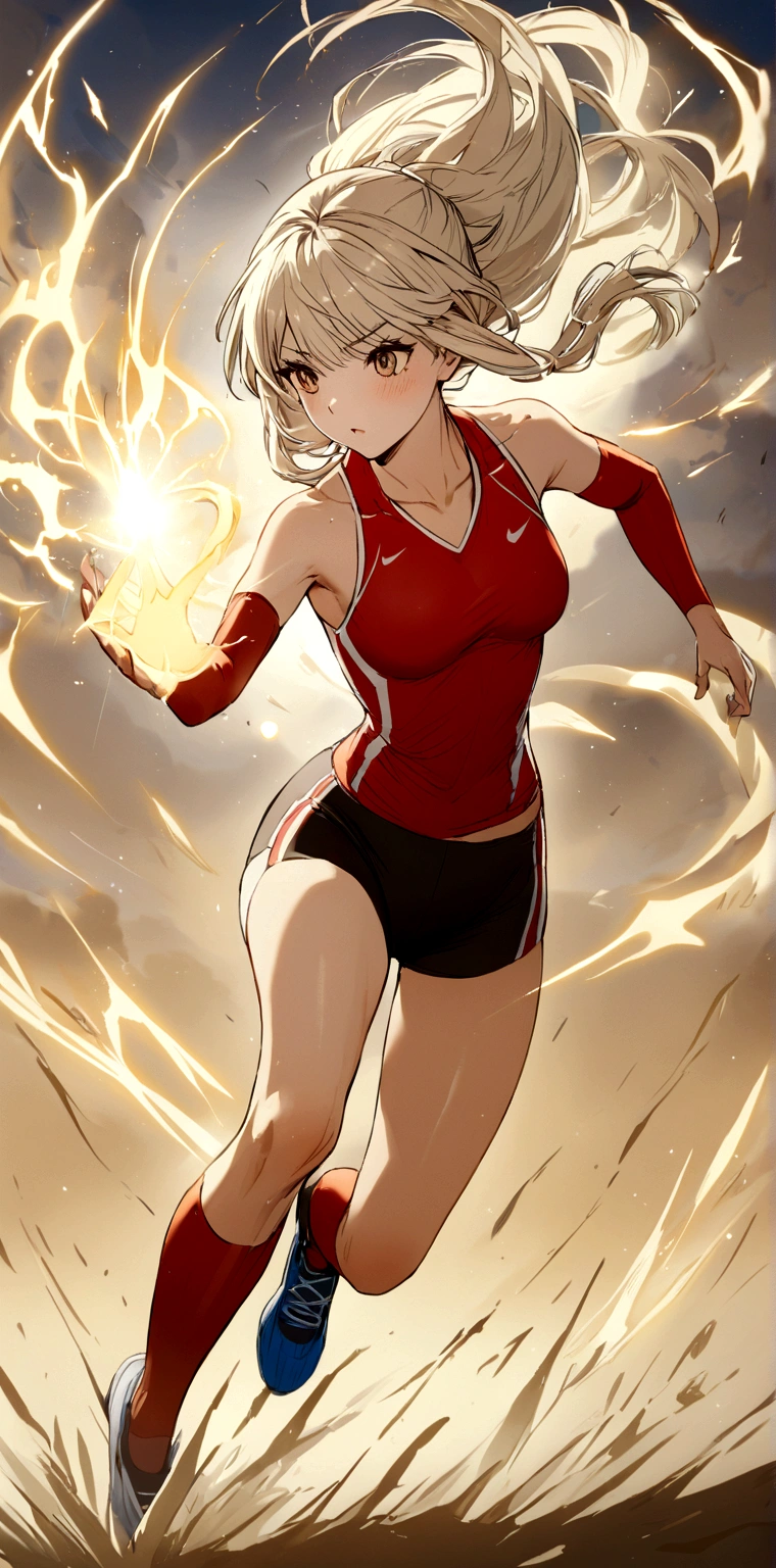 Una chica rubia de cabello corto trotando en la cancha de atletismo.