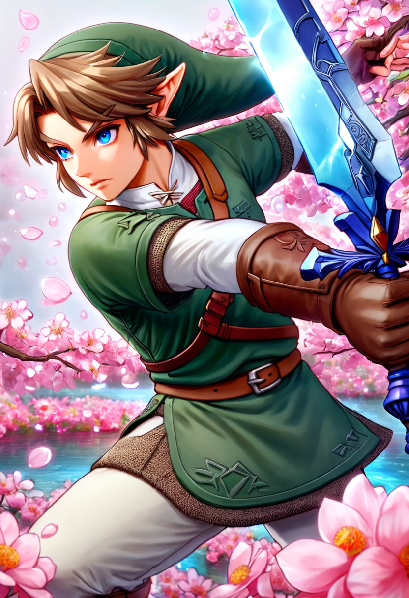 Ultra detailed, highres, absurdres, HDR, master piece, Link, brown hair, expressive blue eyes, green tunic, The Legend Of Zelda (Twilight Princess), fantasy, pink petals, pink flowers, handsome, sexy man grabbing a sword, solo, magical, shining, pink butterflies, best quality, extremely detailed face and eyes, water, blossoms, white pants, brown gloves, green hat, grabbing a sword (master sword), man