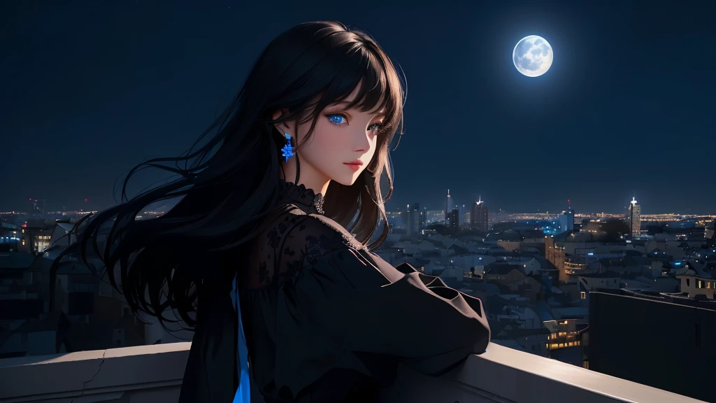 ultra-detailed, beautiful eyes, detailed eyes, detailed face, ultra-detailed, beautiful eyes, Black medium hair, high angle shot, Woman with beautiful blue eyes, looking at the city nightscape on a lonely night, profile, black casual loose-fitting dress, leaning against the wall, deep blue background, moonlight, fantastic lights of buildings and buildings, (((World with blue background))), ((city lights shining beautifully)), blur, Composition like a scene from a movie, master piece, best quality, high resolution, 16k