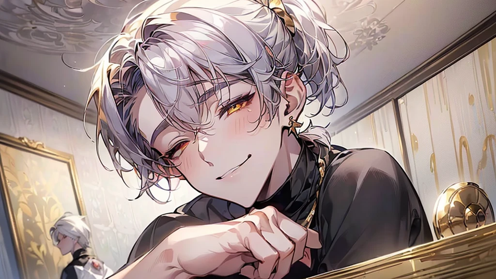 ((((best masterpiece, best quality, wallpaper,)))) solo, guy, male body, small muscles, flat chest, 1male, 30 years old, handsome man, from below, upper body, looking at viewers, hands up, elbows on table, face palm, beautiful detailed, longuette,mediumturquoise hair, ((((Lower short ponytail)))), asymmetrical bangs, ((short hair,)) seductive smile, ((((closed eyes, ^o^, tareme, droopy eyes, one eye closed, gold eyes, )))) perfect face, sharp nose, seductive smile, clear face, black turtleneck, grey cardigan, ((silver earrings, silver necklace,)) leggings, lighting back, backlighting, pink background color ultrasharp, 8K, masterpiece